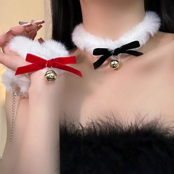New Christmas White Plush Choker Bow Bell Collar Necklace Women's Autumn and Winter High-end Clavicle Chain