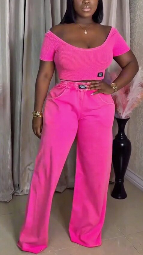 Summer Womens Casual Set Solid Color Round Neck Short Sleeve Top with Long Pants Perfect for Everyday Wear