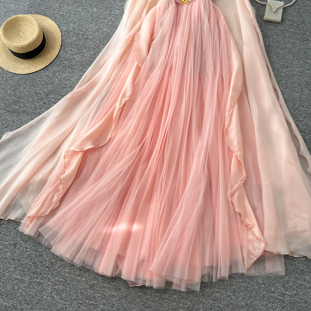 French Style Halter Neck Dress Romantic Mesh Sweet Ribbons Slim Fit Summer Vacation Long Dress Wholesale Available