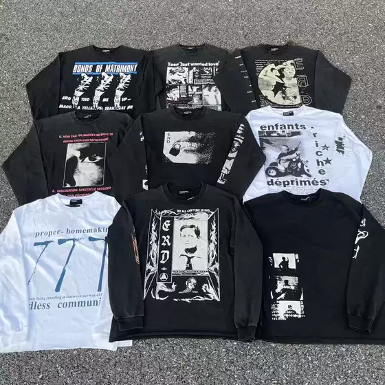 Erd Grjkd Retro Niche Melancholic Rich Second-Generation Slogan Letters Old Washed Men's and Women's Bottoming Shirts Long Sleeves