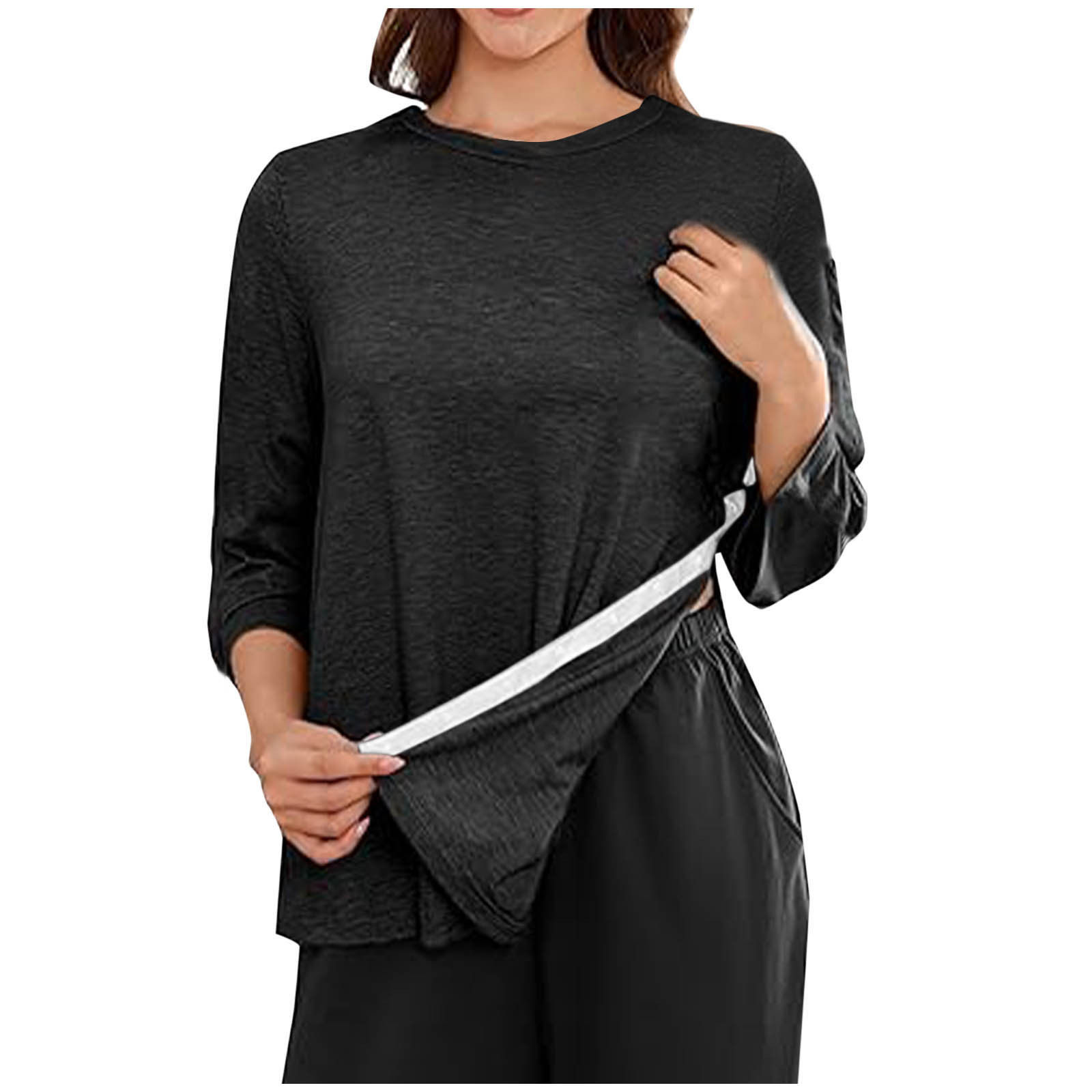 欧美亚马逊女式T恤侧缝长袖调节扣圆领休闲宽松上衣