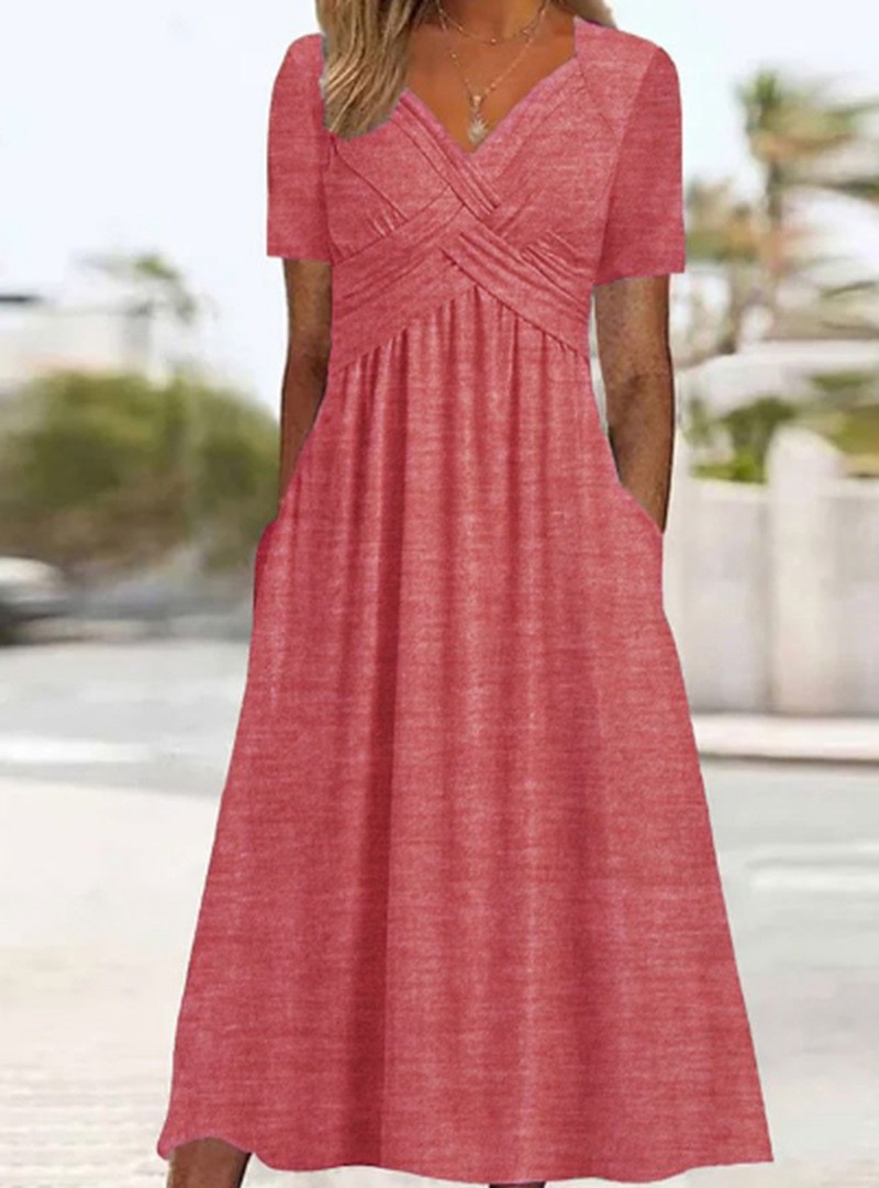 Summer Casual Solid Color V Neck Short Sleeve Pocket Dress for Women Trendy Comfortable Versatile Wholesale Available