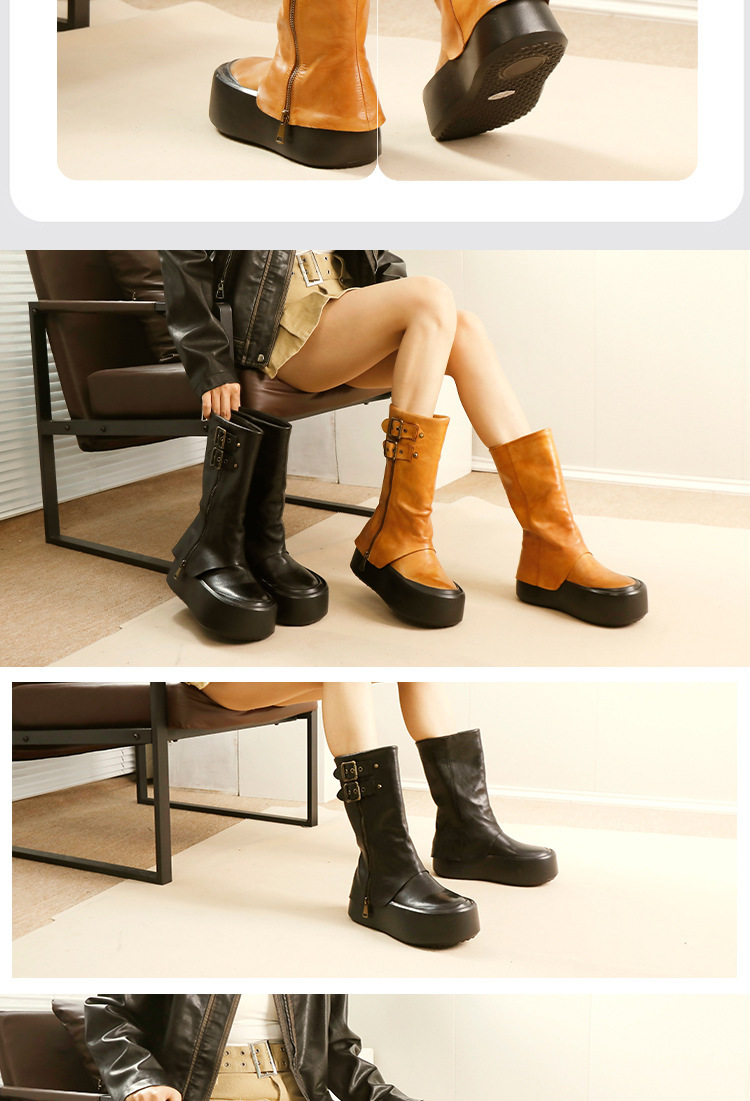 Boot nữ cổ cao da bò thật gót vừa tôn dáng — Màu đen, Màu nâu đậm