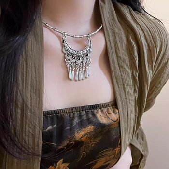 New Chinese Ethnic Style Tassel Pendant Necklace Women's Retro Niche Clavicle Chain Xizang Style All-match Ancient Silver Necklace Chain