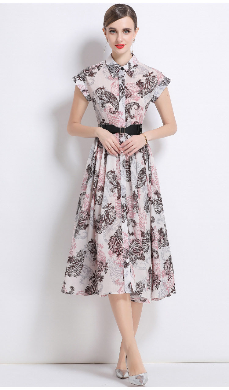 French Style Elegant Womens Dress Vintage Lapel Short Sleeve Waist Pleats Slim Fit Floral Print Perfect for