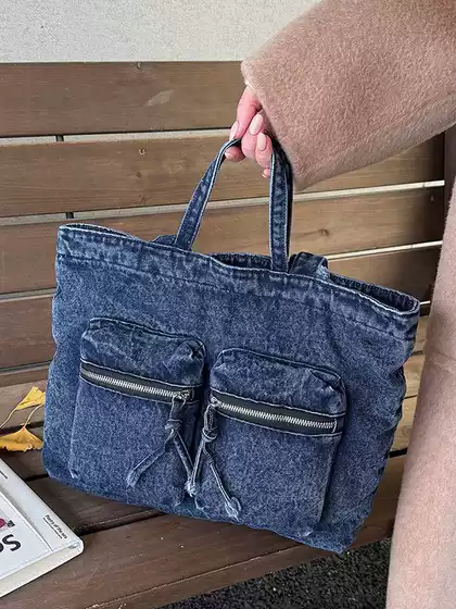 Vintage Washed Denim Bag with Large Capacity Multiple Pockets, Korean Hipster Style Student Messenger Shoulder Bag