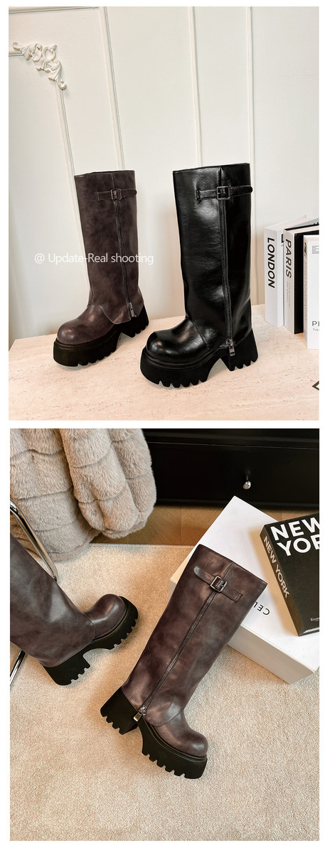 Boot nữ cổ cao gót dày đầu tròn khóa kim loại — đen, màu nâu