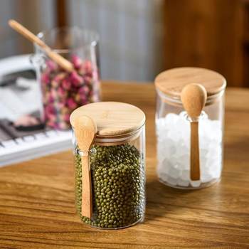 [Premium Selection] Sugar Storage Jar, Kitchen Household Sealed Glass Storage Container with Spoon and Wooden Lid