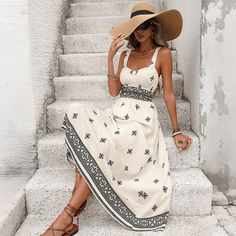 Geometric Print Backless Maxi Dress Vintage Ethnic Style Perfect for Summer Vacations Wholesale Available