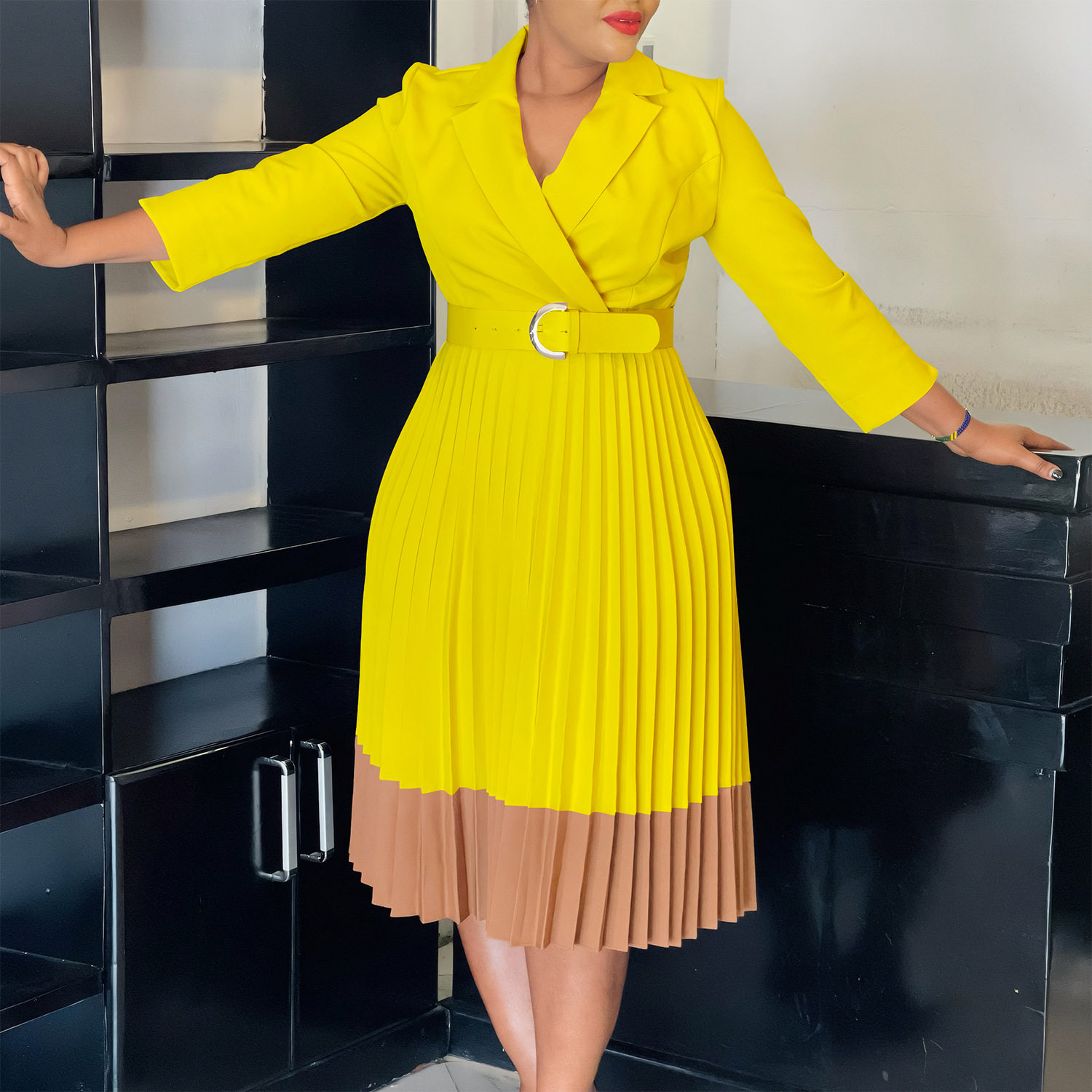 Elegant Color Block African Dress Spring Fashion Suit Collar High Waist Pleated Design Perfect for Office Wear