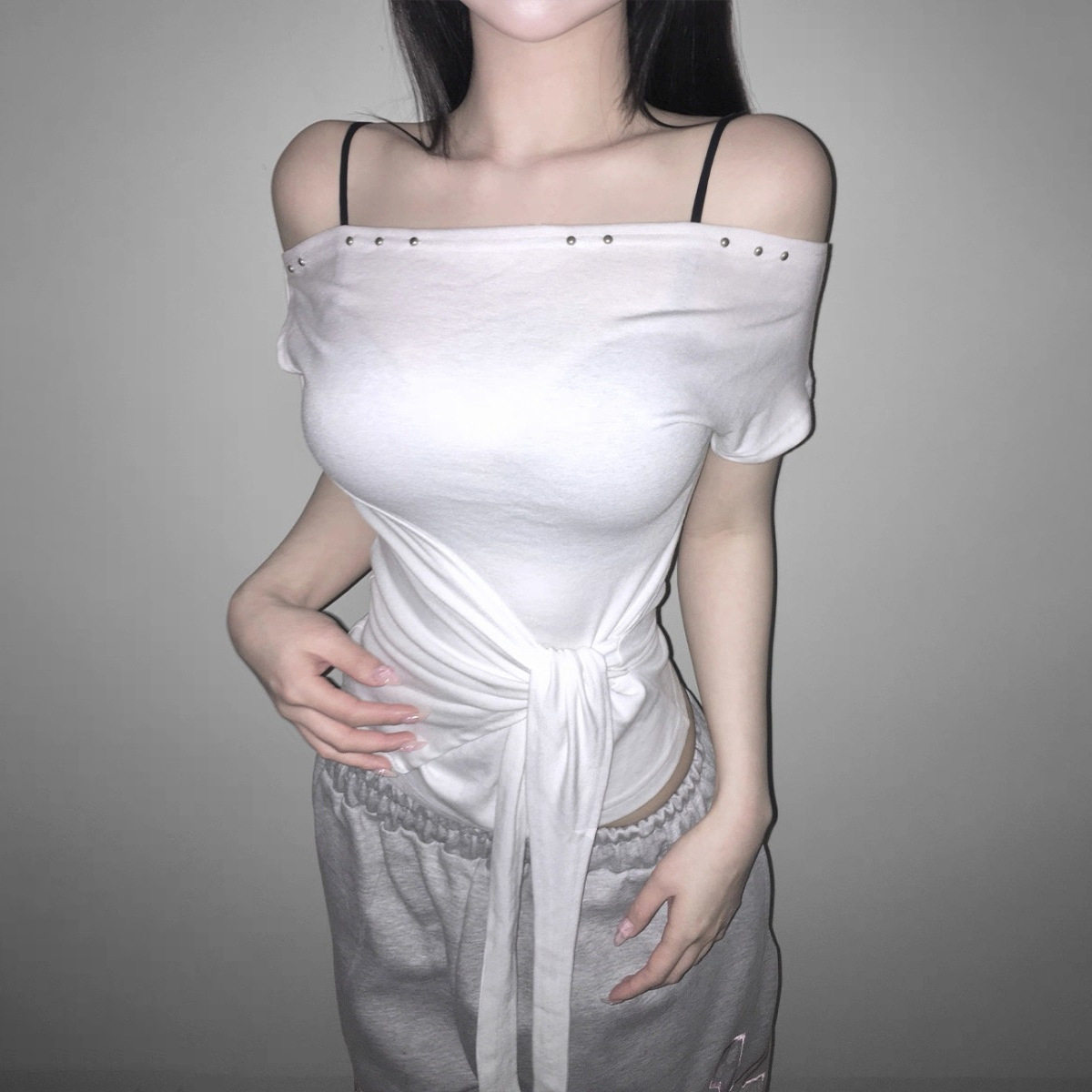 Off Shoulder Crop Top Summer Collection Slim Fit Tie Waist Versatile Style Wholesale Available