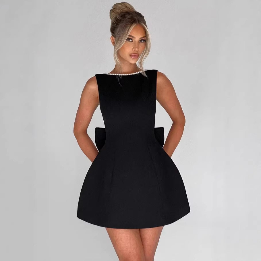 Summer Womens A Line Dress Pearl Bow Detail Slim Fit Backless Design Stylish Casual Wear for Parties Wholesale