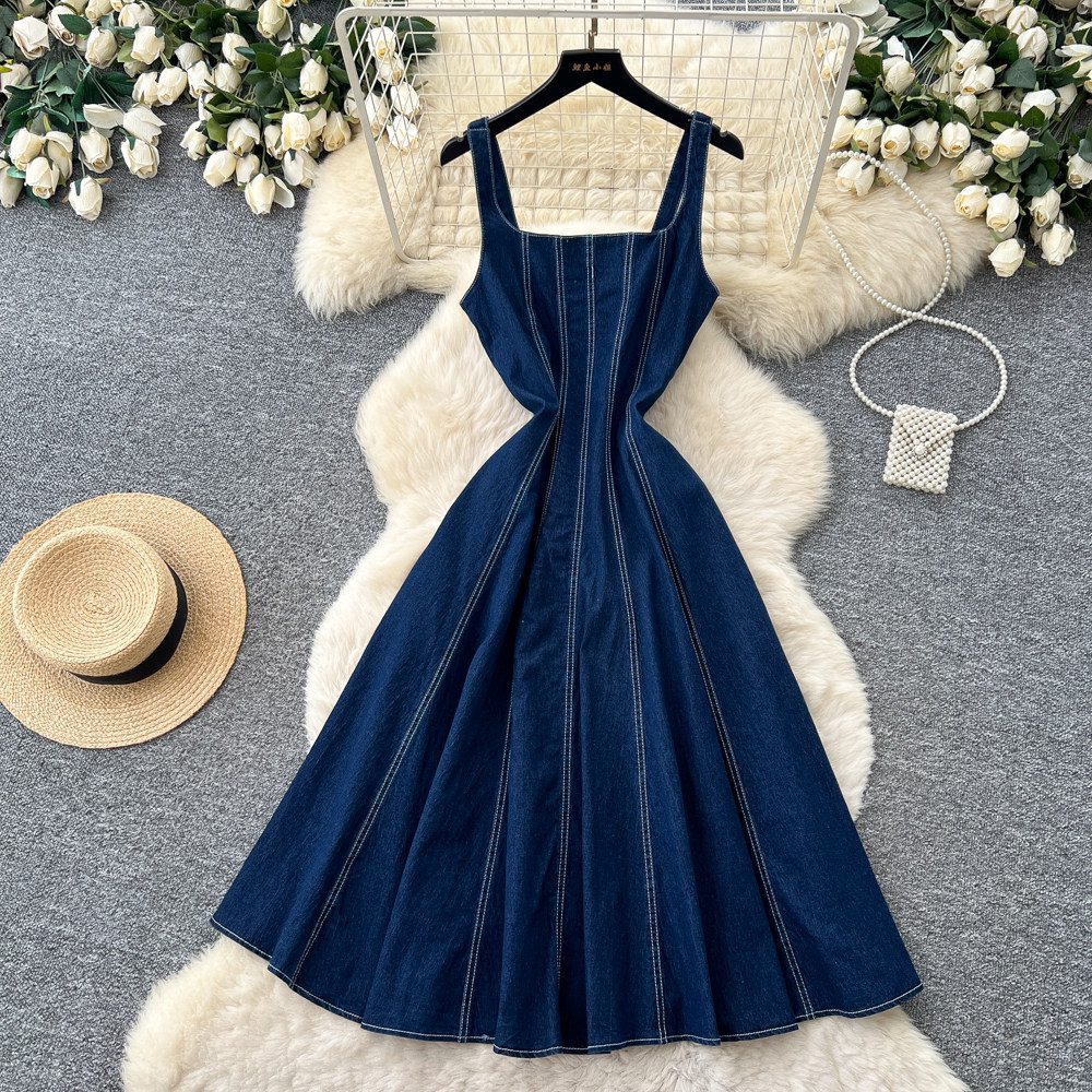 French Vintage Style Denim Square Neck A Line Dress for Women High Waist Flattering Fit Flared Hem Casual Office Wear