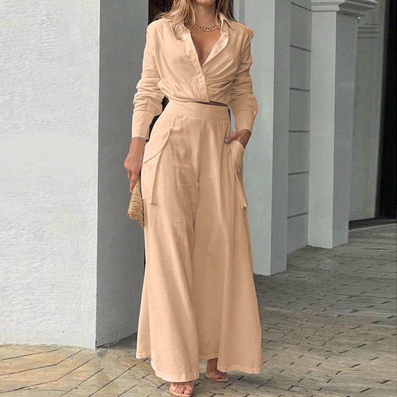 Womens Spring Casual Set Loose Fit Solid Color Top and Long Pants Perfect for Everyday Wear Wholesale Available