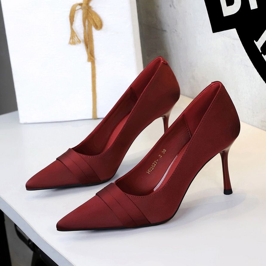 Giày cao gót nữ mũi nhọn lì lợi gót mảnh chất liệu satin thanh lịch dự tiệc — đen, rượu vang đỏ, sâm panh, tím