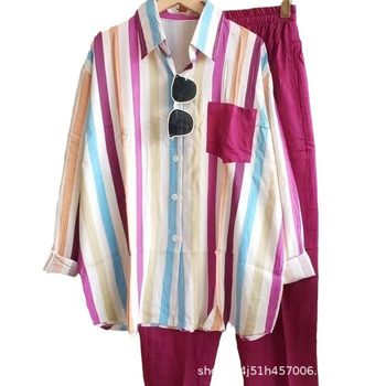 Cross-border Women's Summer Fashion Loose Slimming Look Comfortable Casual Stripesd Suit Women's Shirt Long-sleeved Top Two-piece Set