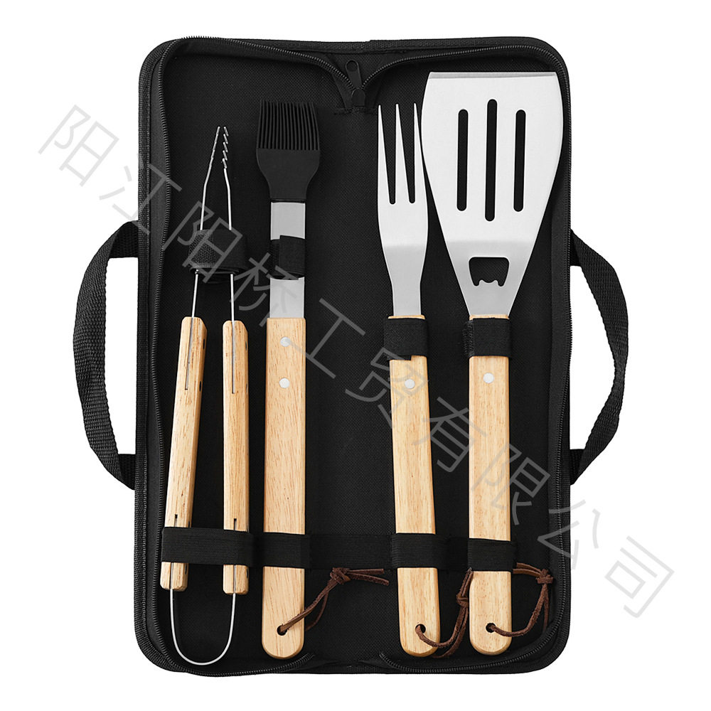 Manufacturer's Ready-Made Stainless Steel Grill Set Bbq Camping Style Wooden Handle Fork Shovel Clip Bag Outdoor Barbecue Tool Combination
