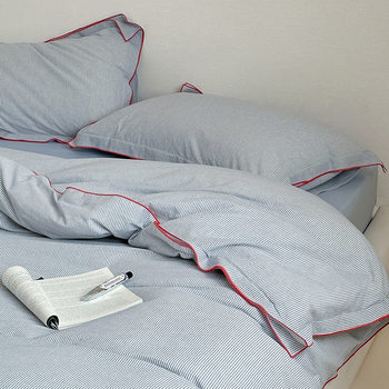 Ins Wind-tight Edge All Cotton Washed Cotton Striped Four-piece Set Pure Cotton Quilt Cover Bed Sheet Skin-friendly Naked Sleeping Bedding