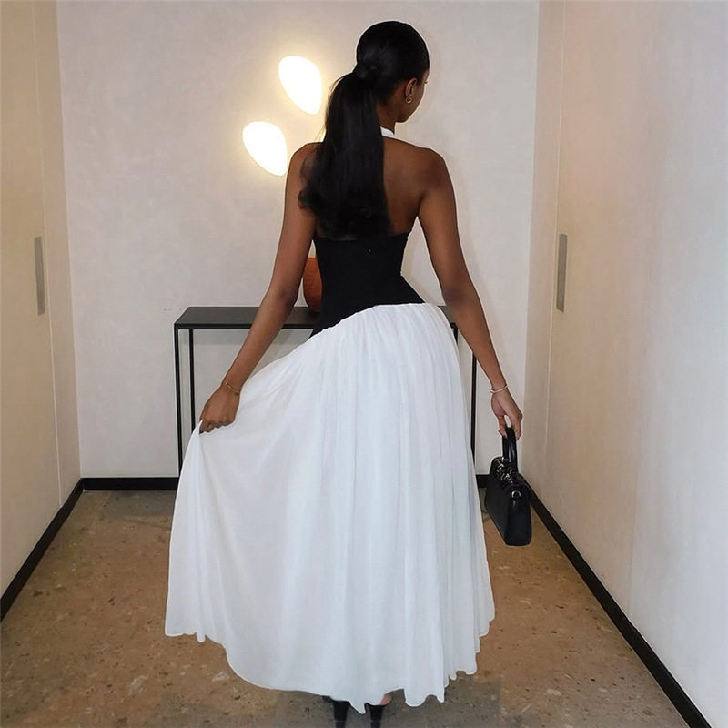 Summer Womens Dress Fashionable Sexy V Neck Halter Neck Color Block Waist Defined Perfect for Parties or Casual