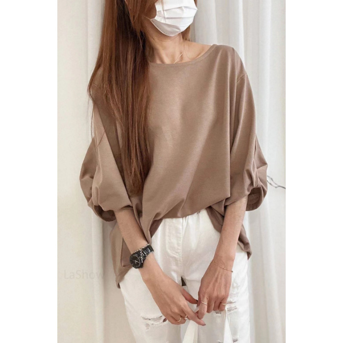 跨境爆款七分袖T恤女年早秋季新款时尚宽松遮肉显瘦半袖上衣ins风