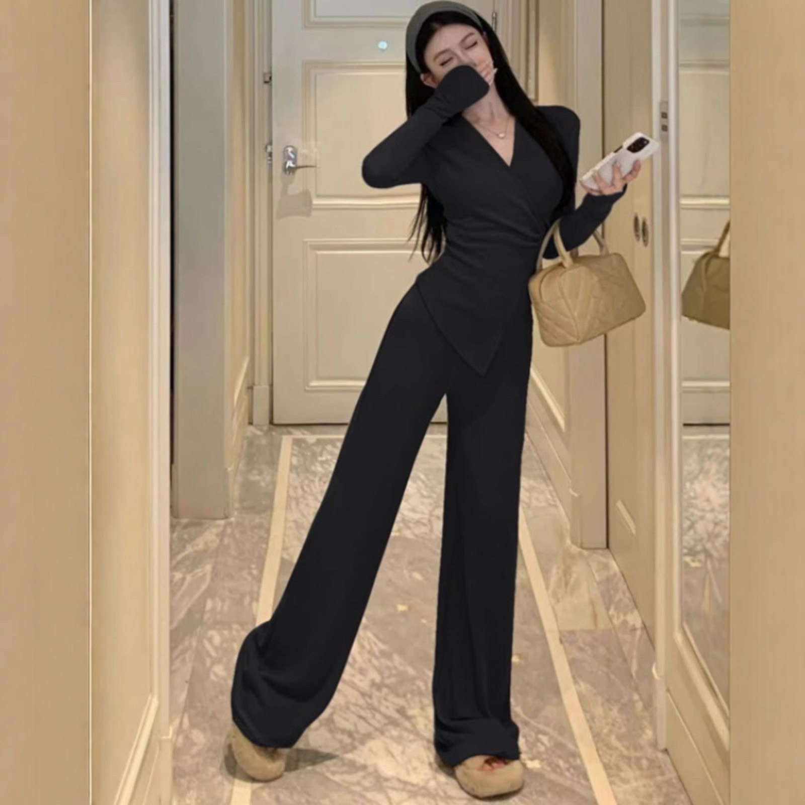 Casual Suit, Asymmetrical Slim Fit, Cross V-Neck, Long Sleeves, Fashionable Autum Wear, Micro-Flared Wide-Leg Pants Two-Piece Set
