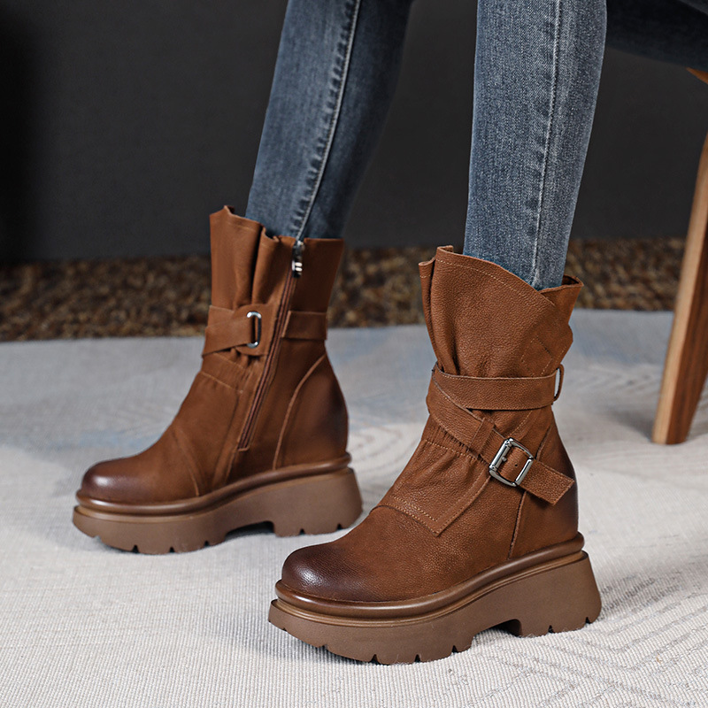 Giày Boot Cổ Thấp Nữ Cao 10cm Tăng Chiều Cao Đế Cao Hàng Mùa Xuân Thu Đông Phục Cổ Cổ Điển