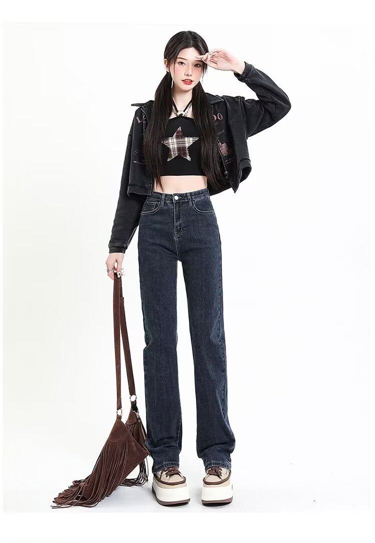 High Waisted Straight Leg Jeans for Women Korean Style Loose Fit Stretch Fabric Slimming Effect Casual Wear for