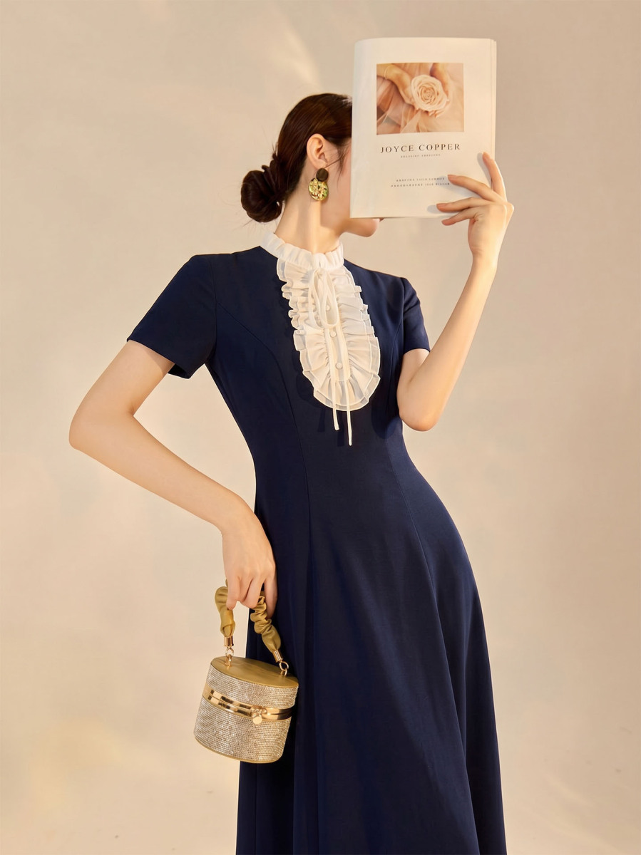 Đầm ren tay ngắn dáng chữ A thắt eo thanh lịch — Màu xanh dương