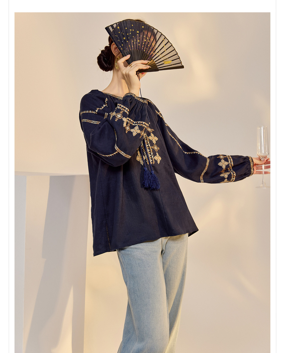 Áo sơ mi nữ linen dài tay thêu họa tiết dáng rộng — Màu trắng be, Màu xanh đậm, Màu xanh lam nhạt