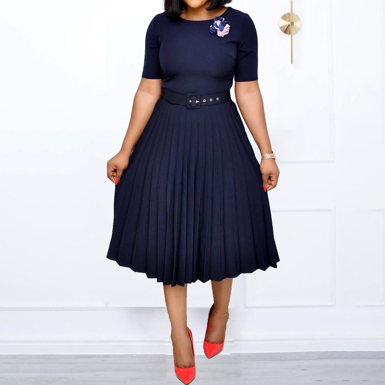 Plus Size Womens Summer Dress Belted Pleated Round Neck Mid Length Casual or Formal Occasions Wholesale Available