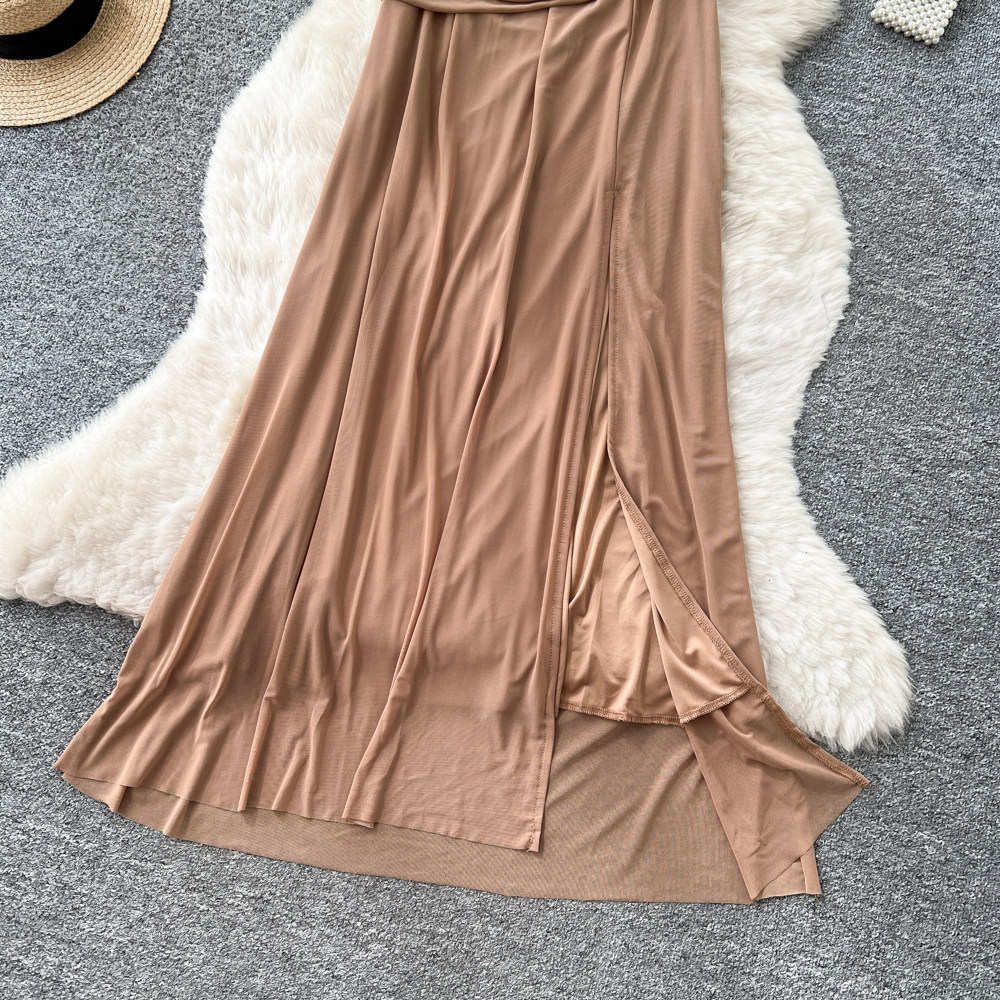 French Elegant V Neck Short Sleeve Dress Summer Slim Fit Waist Defining Sheer Long Skirt Perfect for Office Wear