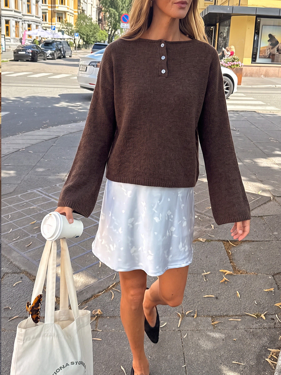Womens Oversized Knit Sweater Round Neck Button Detail Long Sleeve Solid Color Casual Autumn Winter Top OEM