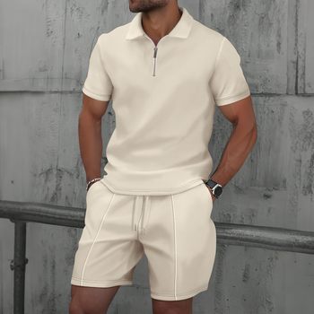 2025 cross-border men's European and American AliExpress summer waffle solid color zipper short sleeve suit shorts two-piece suit