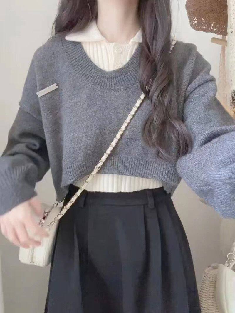Korean Style Sweater for Women in Autumn and Winter, New Style, Chic Knitted Sweater Top, Versatile Slimming Design, Short Two-Piece Set