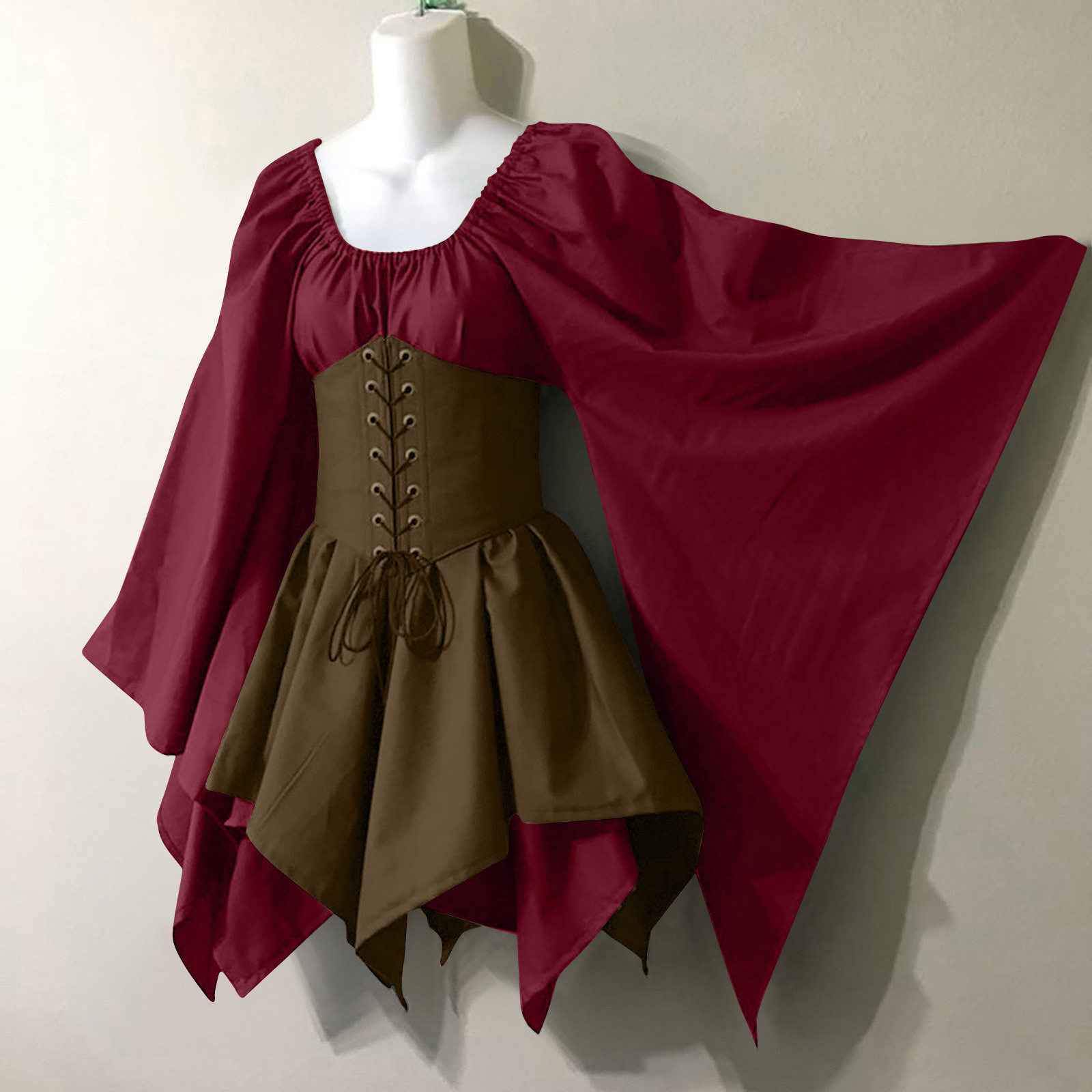 Renaissance Style Long Sleeve Dress Bell Sleeves Patchwork Design Elegant Fabric Perfect for Events and Gatherings