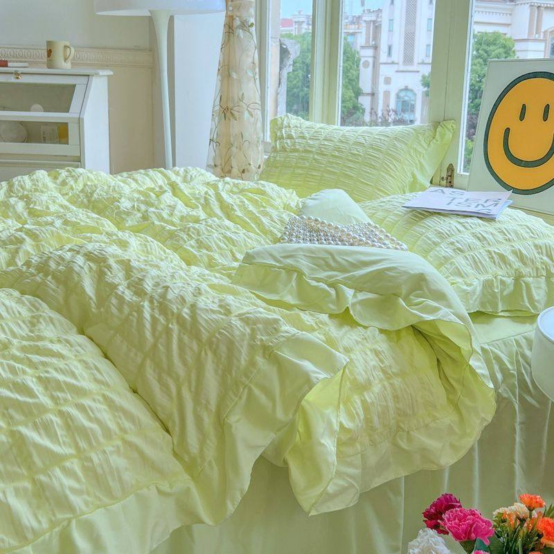 Ins Small Fresh Bubble Skin-Friendly Pure Color Lace Bed Bed Sheets Bed Skirt Four-Piece Set Student Dormitory Three-Piece Set