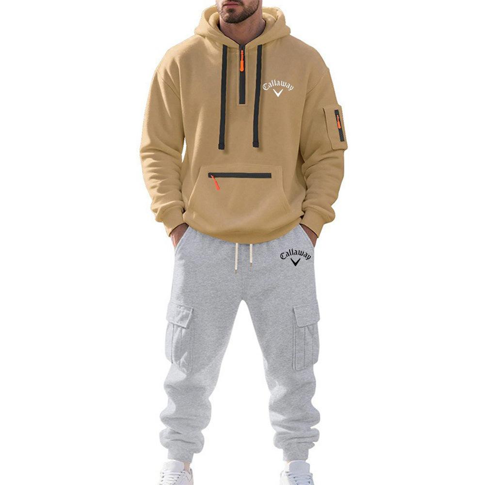 2025跨境男装亚马逊冬季加绒男士休闲套装宽松运动多口袋工装套装