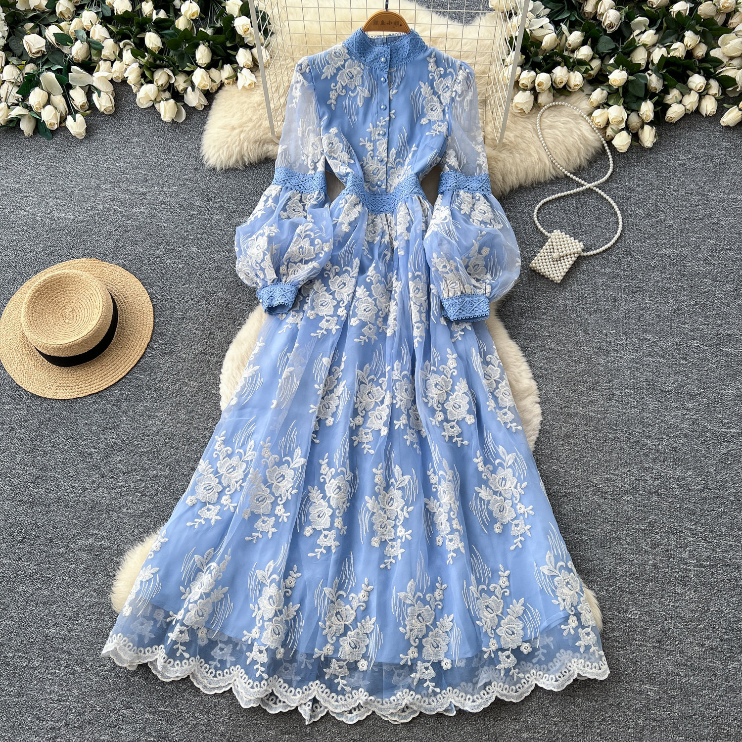 French Court Style Embroidered Lace Dress Puff Sleeves High Neck Waist Tie Elegant Long Dress for Autumn Wholesale