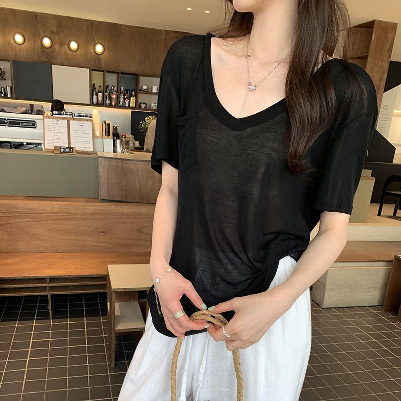 V Neck Tencel Blouse Soft Loose Fit Short Sleeve Pocket Design Summer Casual Wear Wholesale Available