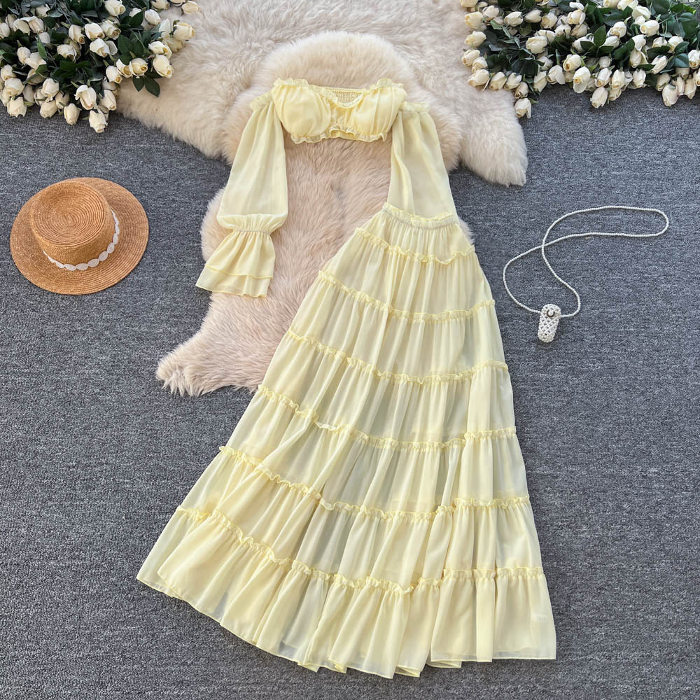 Off Shoulder Crop Top and High Waisted Ruffle Skirt Set Chiffon Fabric Vacation Style Trendy Look Wholesale Available