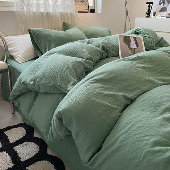 Ins Style Water Wash Cotton Bed Sheet Four-piece Set Simple Solid Color Bedding Three-piece Set Quilt Cover Nantong Bedding 4-piece Set