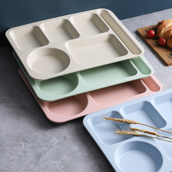 Wheat Straw Split Dinner Plate 5 Pcs with Bowl Chopsticks Spoon Tableware Set Commercial Student Canteen Hotel Plastic Fast Food Plate