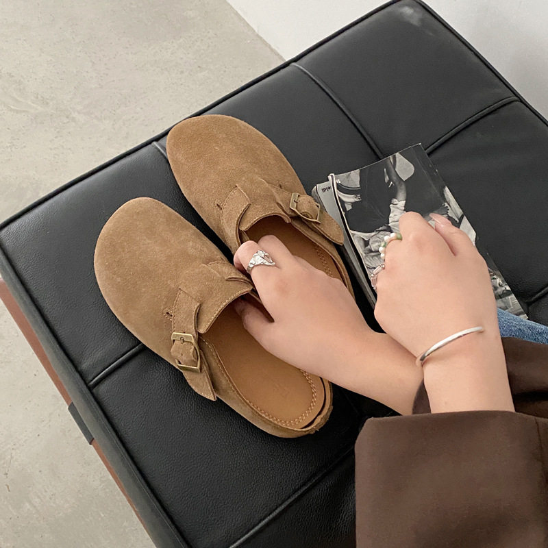 Genuine Leather Cow Suede Birkenstock Retro 2023 Autum New Flats Soft Sole Versatile One-Leg Toe Half Slippers