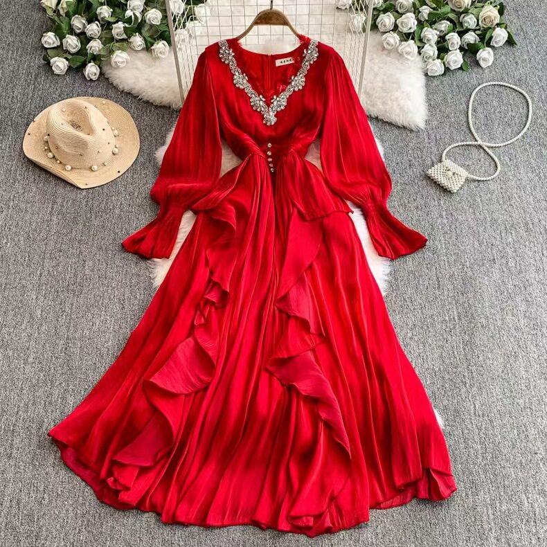 Elegant French Style Long Dress for Women Embroidered Beaded V Neck Waist Cinching Regal Design Perfect for Formal