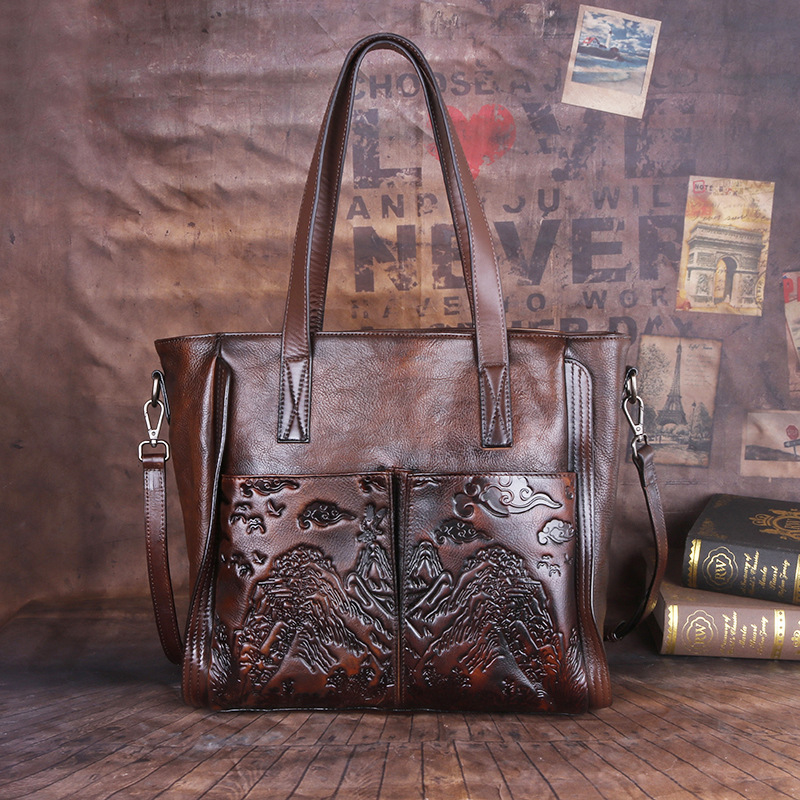 Túi tote nữ da bò thật vân ép thủ công phong cách cổ điển — Đỏ cổ điển, Nâu cổ điển, Xám cổ điển