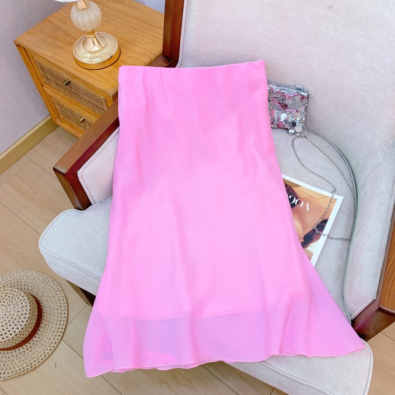 Chân váy midi nữ cạp cao màu hồng nhẹ nhàng phong cách thanh lịch — Màu hồng