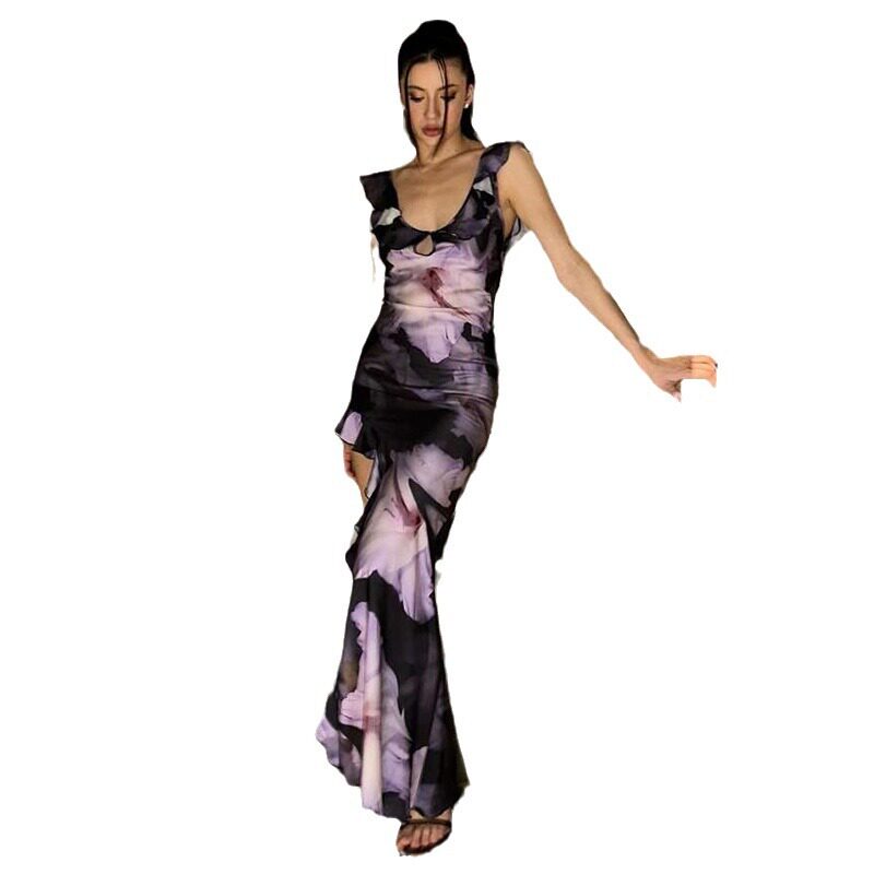 Elegant Floral Print Maxi Dress U Neck Ruffle Hem Sleeveless Open Back High Slit Perfect for Summer Events