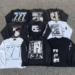 High-Quality Erd Melancholic Rich Second-Generation Retro Distressed Letter Portrait Print Outline Short Version Long-Sleeved T-Shirt Trendy