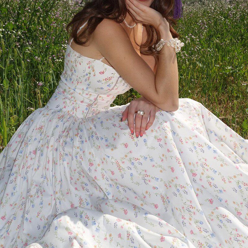Summer Floral Print Midi Dress Slim Fit Spaghetti Straps Elegant French Style Perfect for Casual Outings Wholesale