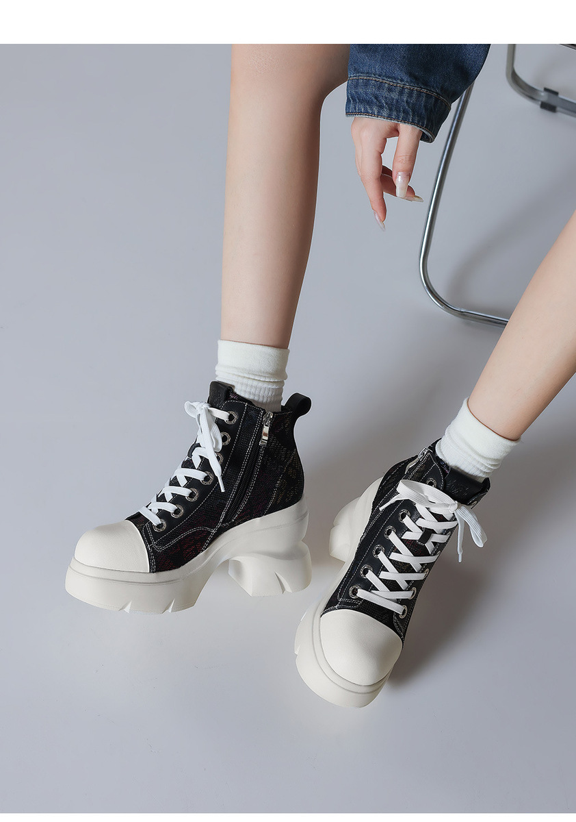 Boot nữ cổ ngắn tăng chiều cao 10cm gót thô đế dày phối màu — Lót nhung họa tiết hoa trắng đen, Lót nhung màu trắng đen, Màu hoa văn trắng đen, lót đơn, Màu trắng đen trơn, lót đơn